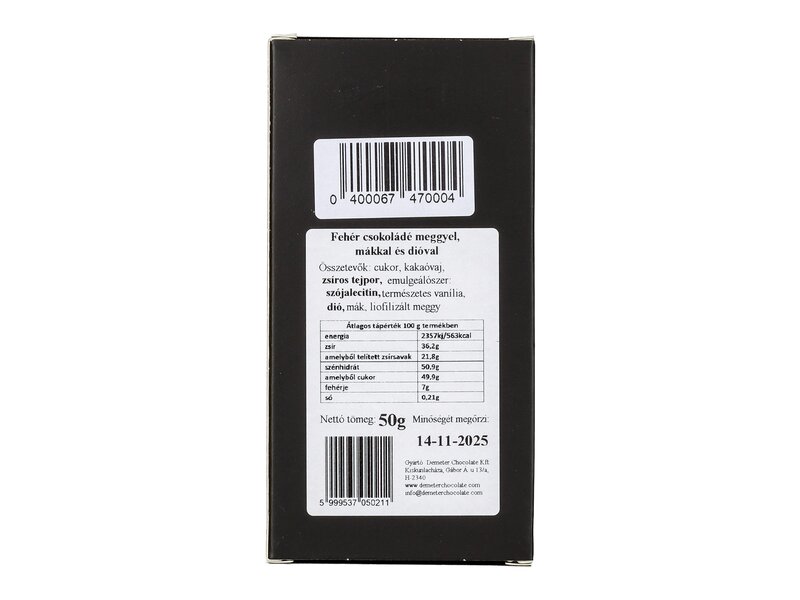 Demeter Fehércsokoládé meggyel, mákkal és dióval 50g