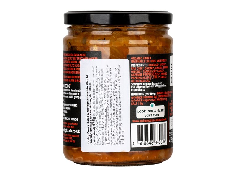 Loving Foods Csípős, füstölt paprikás bio Kimchi (savanyított káposzta és zöldségek chilivel, gyömbérrel) 475g