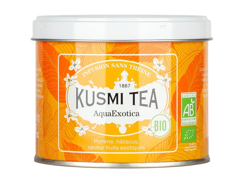 Kusmi Bio AquaExotica Egzotikus gyümölcs ízű koffeinmentes teakeverék hibiszkusszal 100g