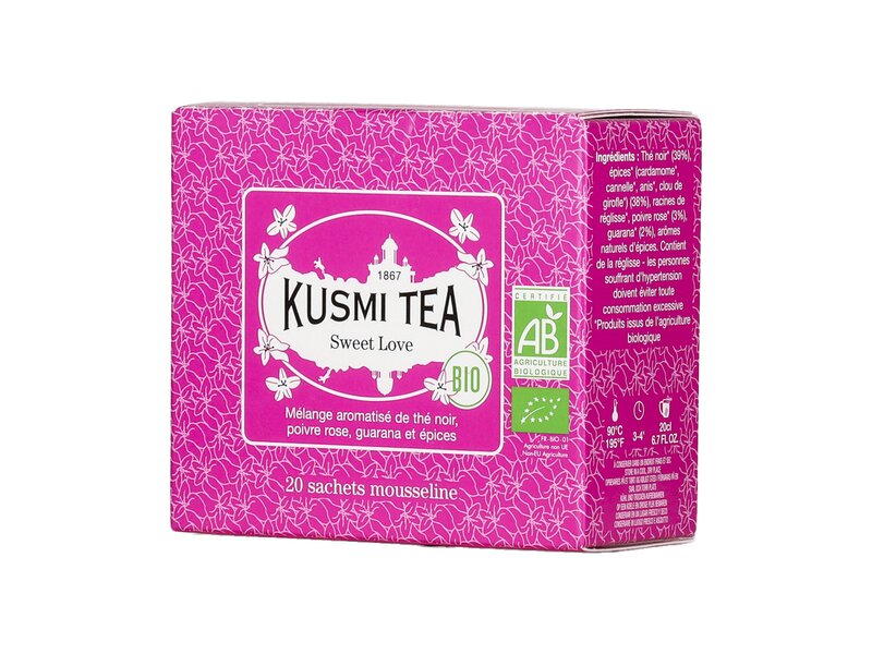 Kusmi Sweet Love rózsaborssal, guaranával és fűszerekkel ízesített bio fekete tea 20 filter 40g