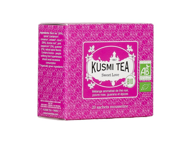 Kusmi Sweet Love rózsaborssal, guaranával és fűszerekkel ízesített bio fekete tea 20 filter 40g