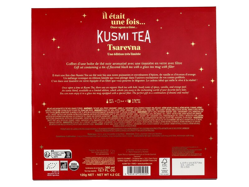 Kusmi Karácsonyi Bio Tsarevna doboz gyógytea készítővel 120g