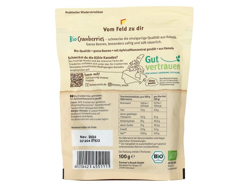 Farmer's Organic Cranberries 100g