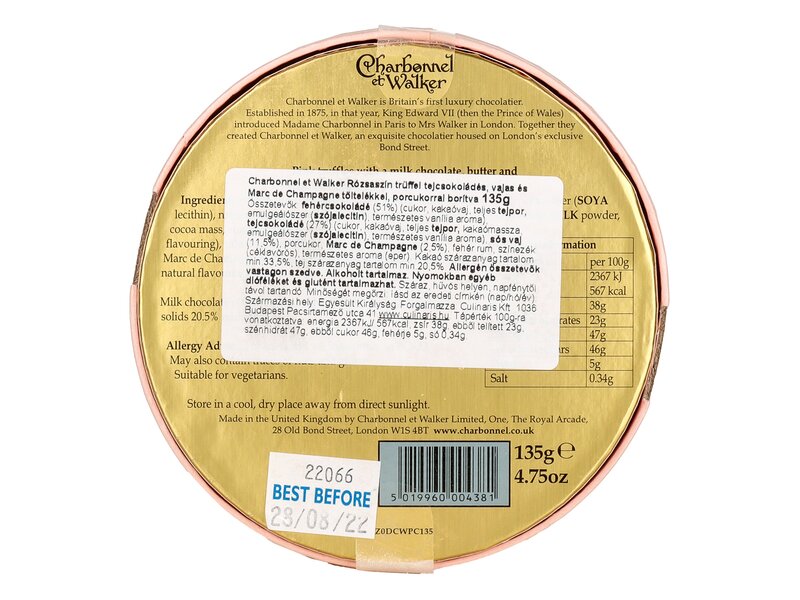 Charbonnel et Walker Pink fehércsokoládés trüffel epres-tejcsokoládés, Marc de Champagne pezsgős töltelékkel 135g