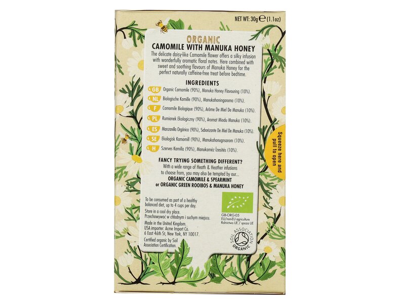 Heath & Heather Organic Camomille with Manuka honey 20 filter 30g