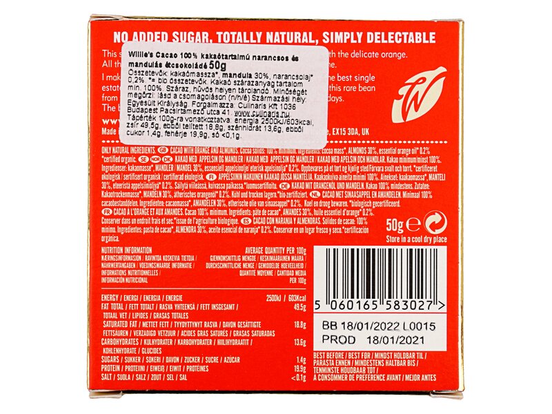 Willie's Cacao Orange & Almond Natural Dark chocolate 50g