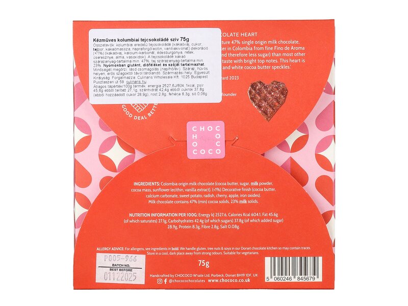 Chococo 47% Colombia Milk Chocolate Heart Bar 75g
