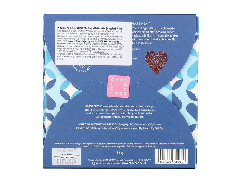 Chococo 72% Dark Chocolate Heart Bar 75g