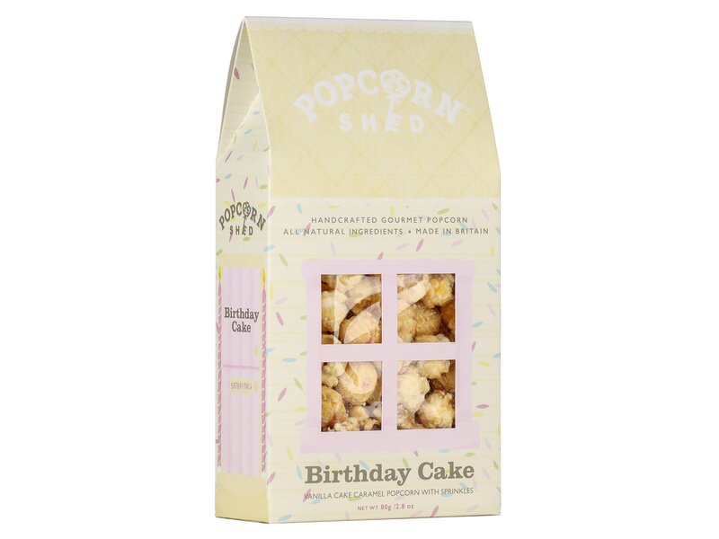 Popcorn Shed Birthday Cake Vanilla Cake Caramel Popcorn with sprinkles 80g