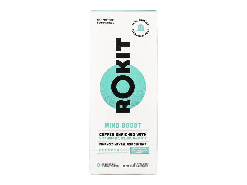 Rokit Mind Boost B2-, B3-, B5-, B6- és B12-vitaminnal dúsított őrölt pörköltkávé Nescafé kompatibilis kapszulában 10db 56g