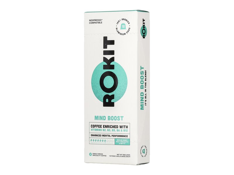 Rokit Mind Boost B2-, B3-, B5-, B6- és B12-vitaminnal dúsított őrölt pörköltkávé Nescafé kompatibilis kapszulában 10db 56g