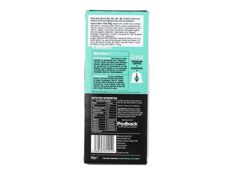 Rokit Mind Boost B2-, B3-, B5-, B6- és B12-vitaminnal dúsított őrölt pörköltkávé Nescafé kompatibilis kapszulában 10db 56g