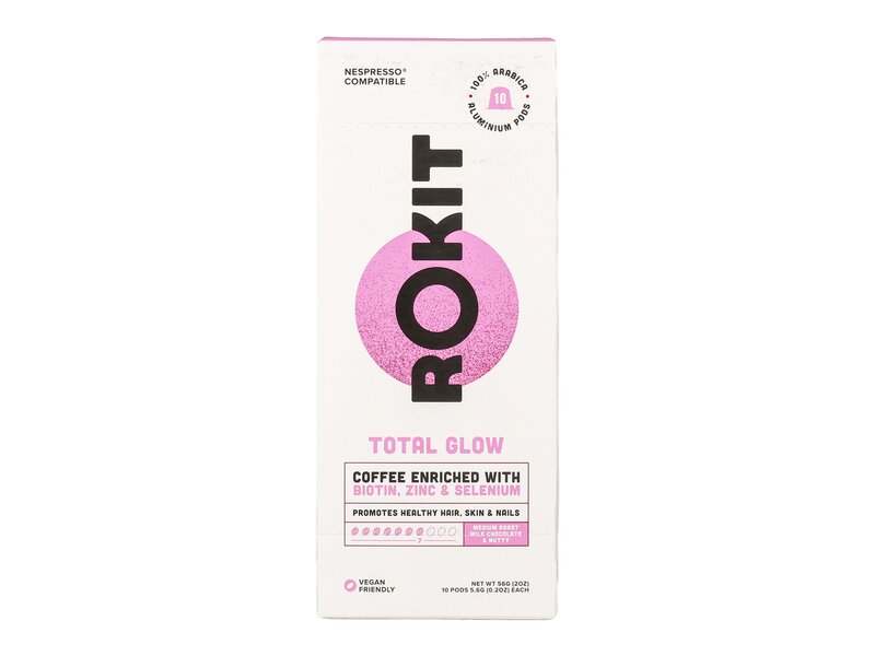 Rokit Total Glow Biotinnal, cinkkel és szeléniummal dúsított őrölt pörköltkávé Nescafé kompatibilis kapszulában 10db 56g