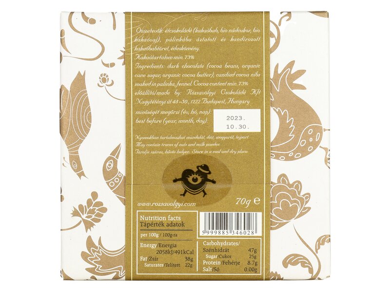 Rózsavölgyi pálinkás-kakaóbabos csoki 70g