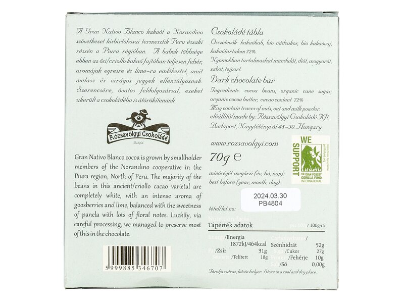 Rózsavölgyi Peru Gran Nativo Blanco 72% 70g