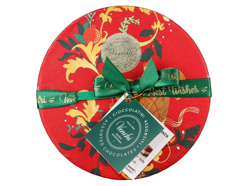 Venchi gluténmentes csokoládéválogatás kerek karácsonyi díszdobozban 200g