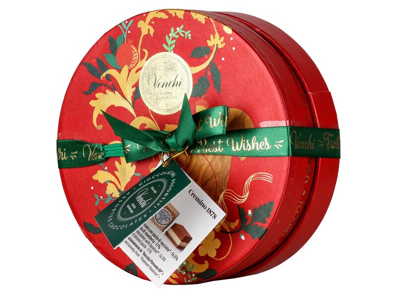 Venchi gluténmentes csokoládéválogatás kerek karácsonyi díszdobozban 200g