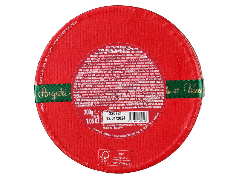 Venchi gluténmentes csokoládéválogatás kerek karácsonyi díszdobozban 200g