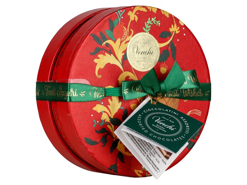 Venchi gluténmentes csokoládéválogatás kerek karácsonyi díszdobozban 200g