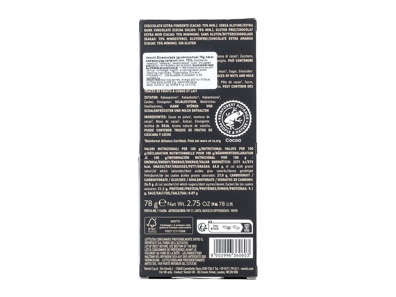 Venchi 75% extra dark chocholate bar 78g