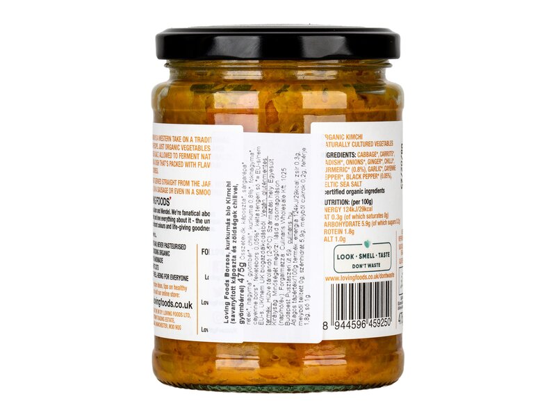 Loving Foods Borsos, kurkumás bio Kimchi (savanyított káposzta és zöldségek chilivel, gyömbérrel) 475g