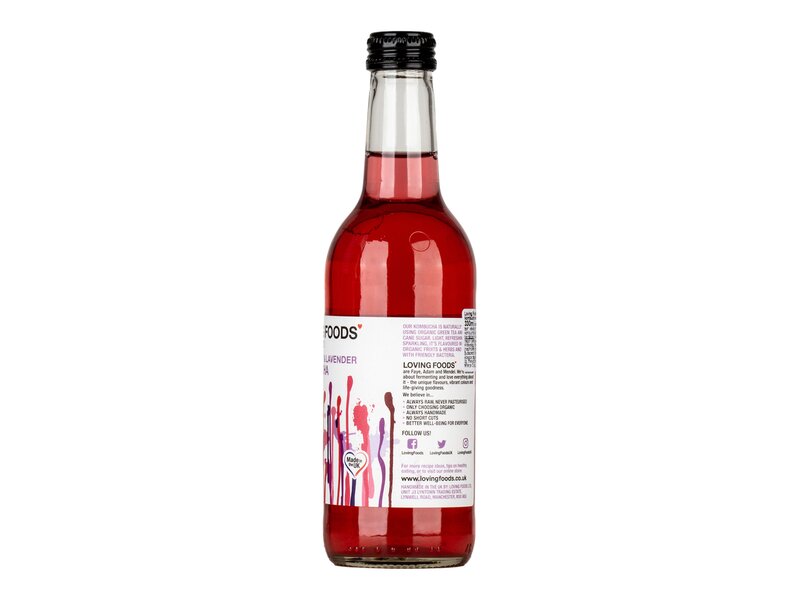 Loving Foods Kékáfonya-levendula ízesítésű bio kombucha természetesen szénsavas zöldtea ital 330ml