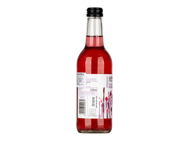 Loving Foods Kékáfonya-levendula ízesítésű bio kombucha természetesen szénsavas zöldtea ital 330ml