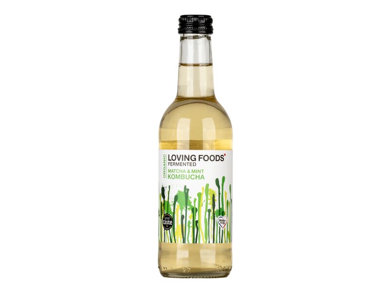 Loving Foods Matcha-menta ízesítésű bio kombucha természetesen szénsavas zöldtea ital 330ml