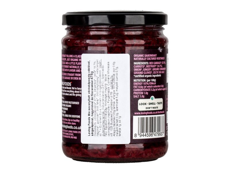 Loving Foods Ruby Kraut Bio savanyított vöröskáposzta céklával, sárgarépával, hagymával és fűszerekkel 475g